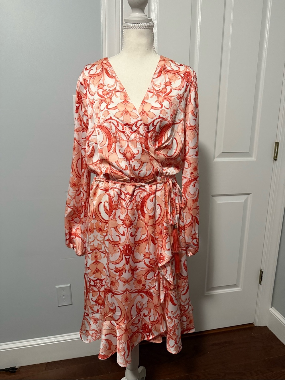 Long-Sleeve Wrap Dress in Coral Scroll